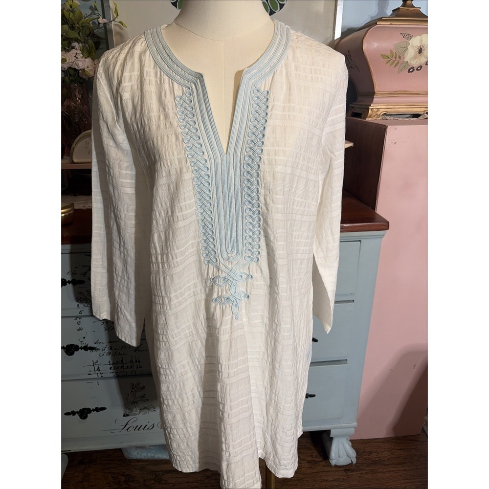 J. McLaughlin Women's Top Tunic 3/4 Sleeve White Blue Size L. Boho.
